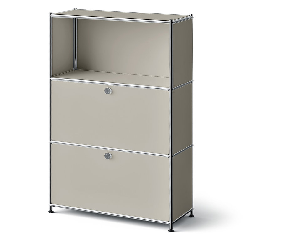 Bézs szekrény két fiókkal és egy nyitott felső rekesszel.