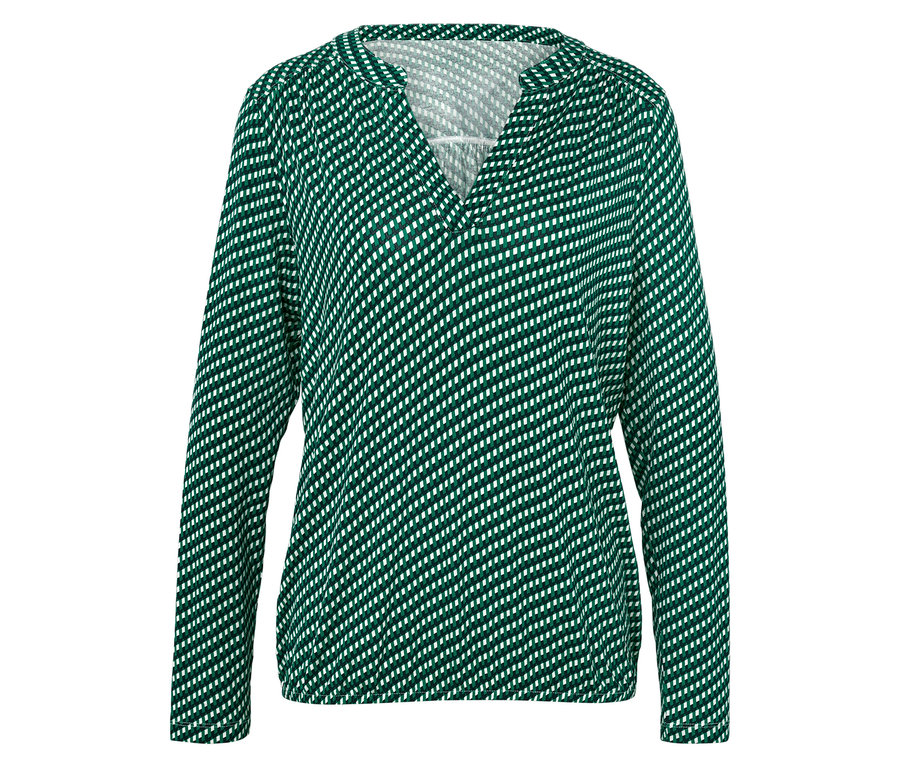 Női, hosszú ujjú, zöld blúz, fehér mintával.