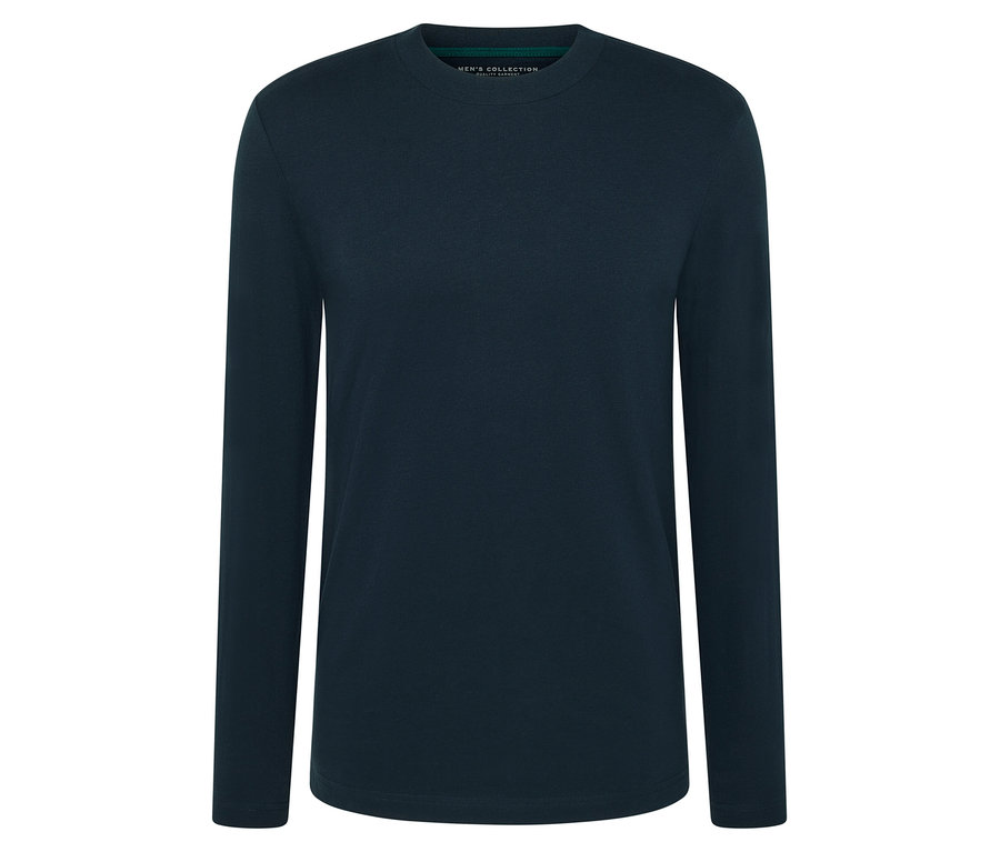 Egy sötétkék, hosszú ujjú póló fehér háttérrel.