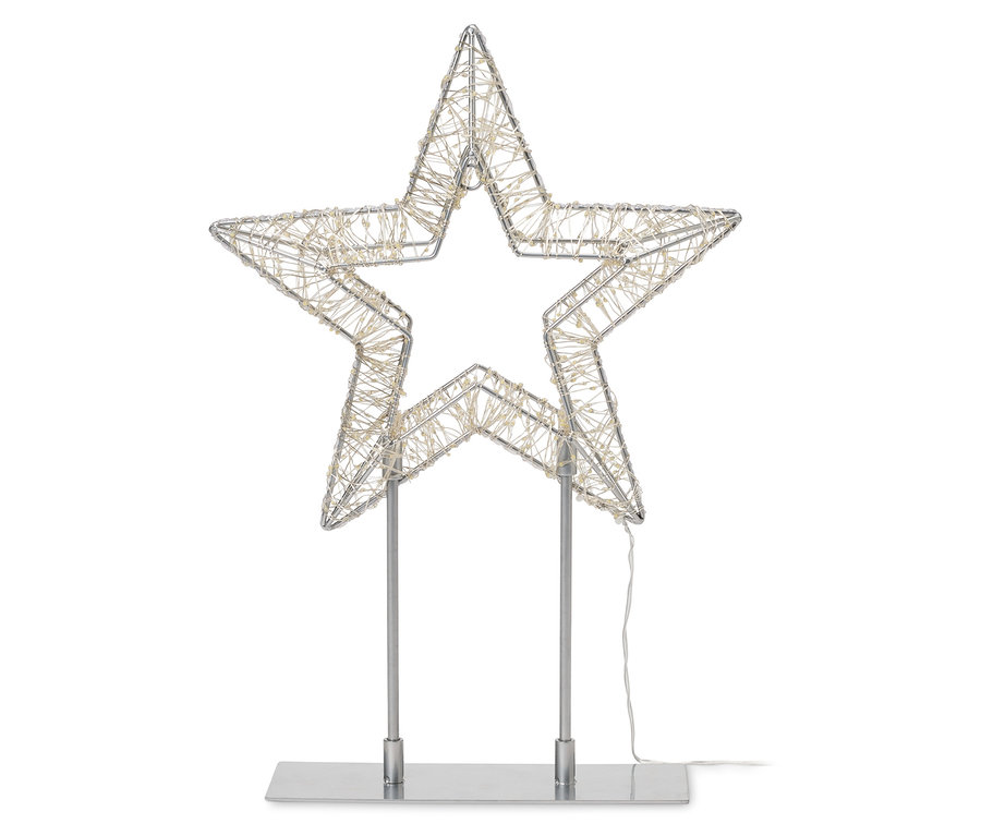 Ezüst drótcsillag LED-es lámpákkal, ezüst talapzaton.