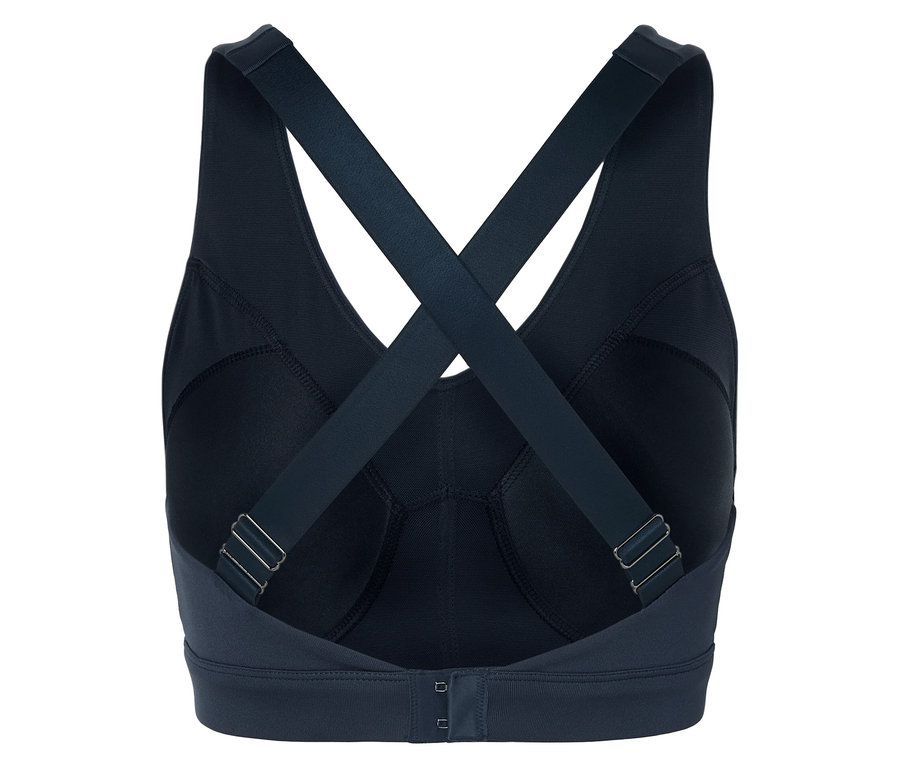 Hátulnézet egy sötétkék sportmelltartóról, keresztezett pántokkal.