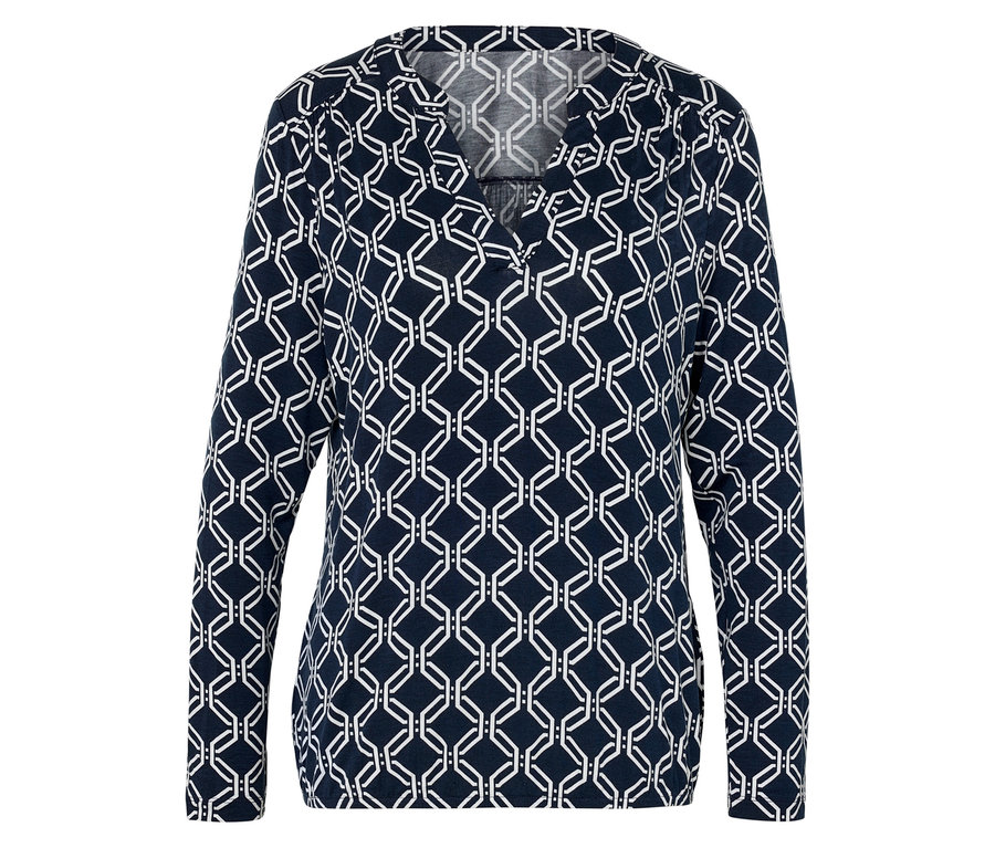 Női hosszú ujjú blúz, sötétkék, fehér geometriai mintával.