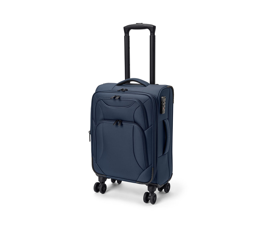 Kék textilbőrönd, kicsi, fekete teleszkópos fogantyúval és kerekekkel.