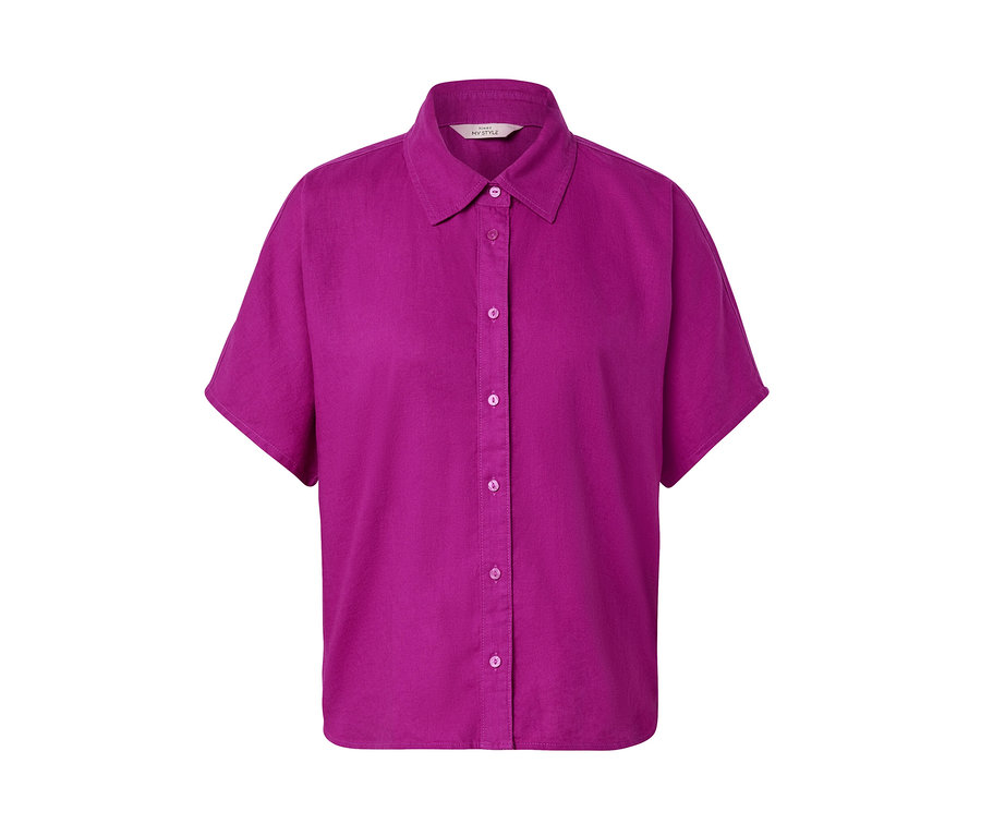 Fukszia színű, rövid ujjú, gombos lenvászon blúz.