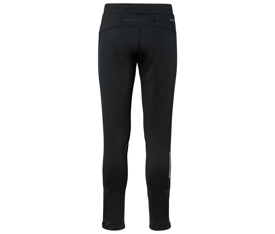 Fekete sport leggings fényvisszaverő csíkkal a lábszár alján.