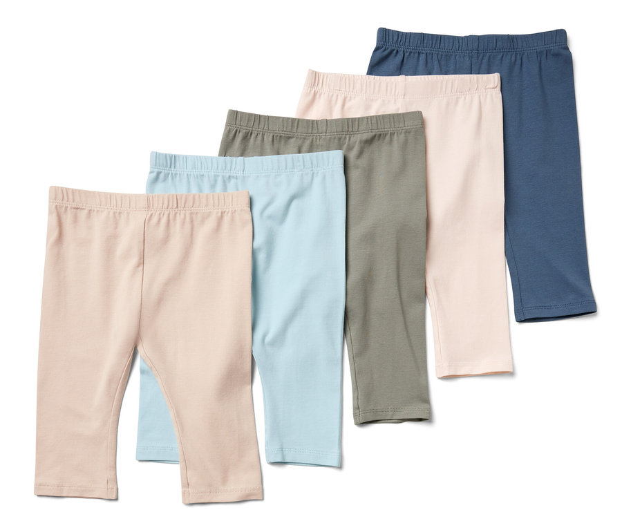 Öt különböző színű 3/4-es leggings gyerekeknek.