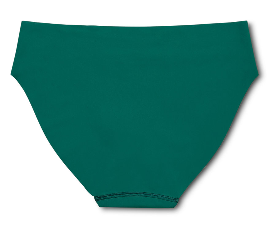 Egy smaragdzöld bikinialsó fekszik fehér háttéren.