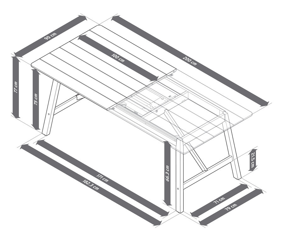 A képen egy kihúzható kerti asztal látható rusztikus vázzal, kb. 200-250 cm-es méretben, a hozzá tartozó méretekkel.
