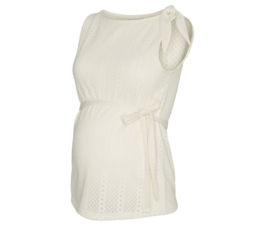 Ujjatlan, fehér terhestop masnival a vállán és megkötővel a mell alatt.