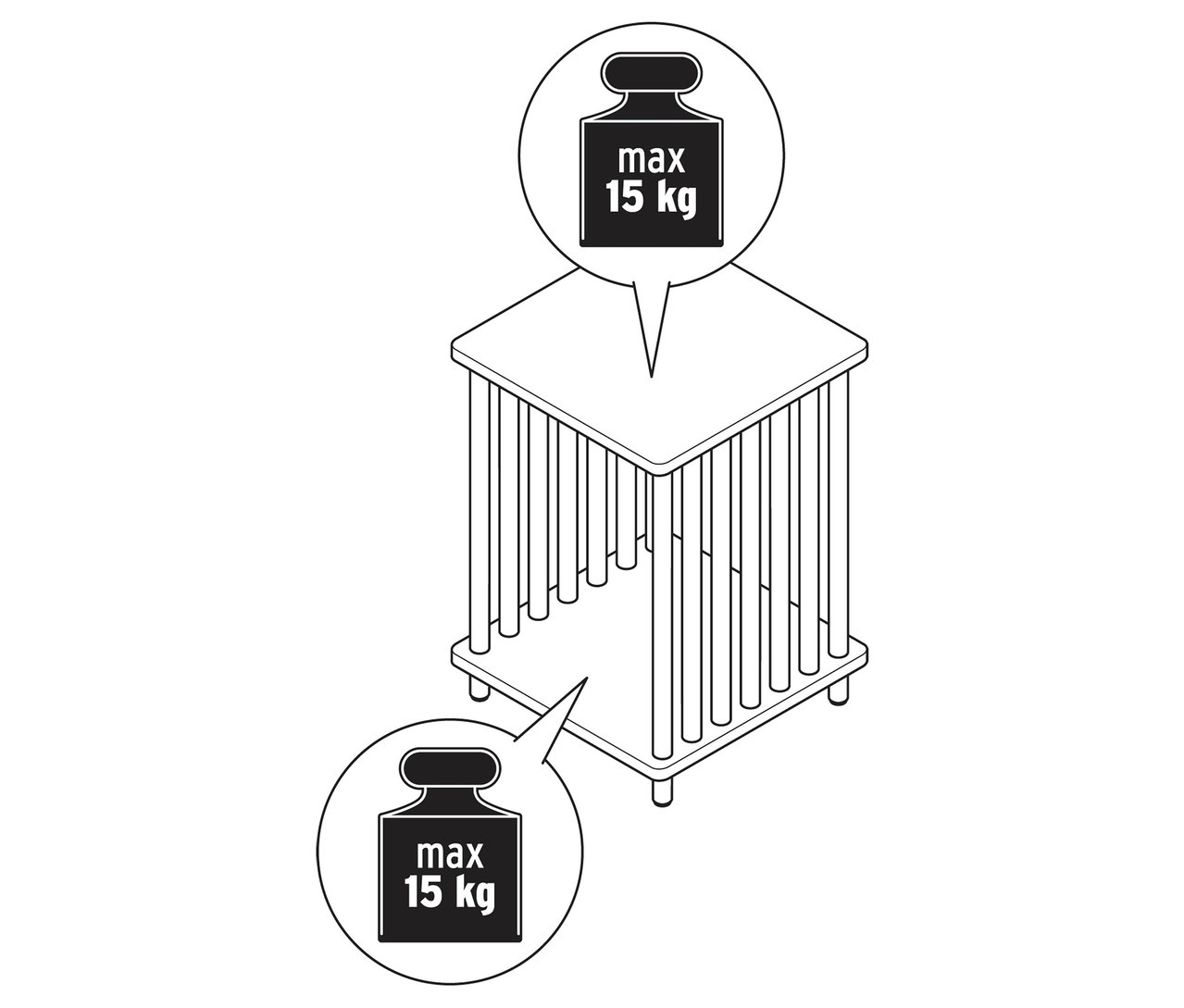 Felülnézet egy dekoratív asztalról, amely egy négyzet alakú lapból és egy függőleges rudakból álló ketrecből áll. Két, "max. 15 kg" feliratú súly látható.