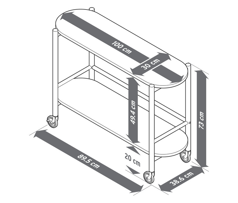 Felülnézet egy méretekkel ellátott tálalókocsiról: 100 x 30 cm-es asztallap, 49,4 cm-es távolság, 20 cm-es alsó polc, 73 cm-es magasság, 89,5 x 38,6 cm-es alapterület.