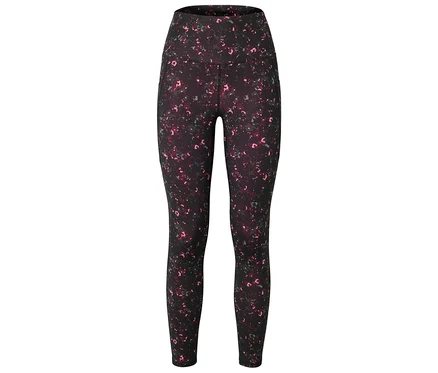 Egy fekete, magas derekú leggings látható rózsaszín és szürke foltok mintázatával.