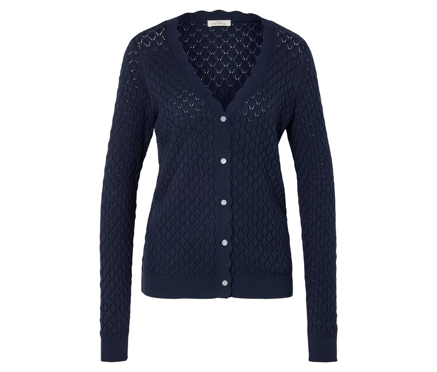 Tengerészkék, V-nyakú, gombos kötött kardigán.