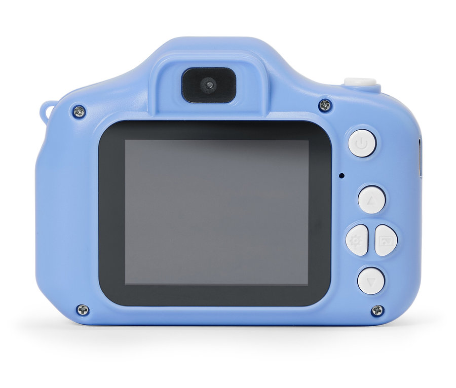 Egy világoskék gyerek fényképezőgép hátulnézete fekete képernyővel és fehér gombokkal, fehér háttérrel.