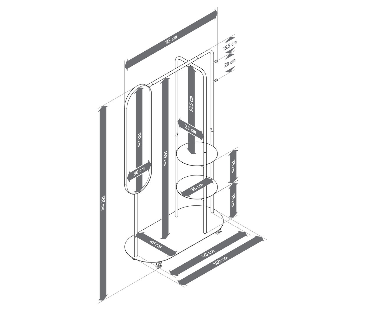 A képen egy görgős szobainas látható nagy tükörrel és méretekkel.
