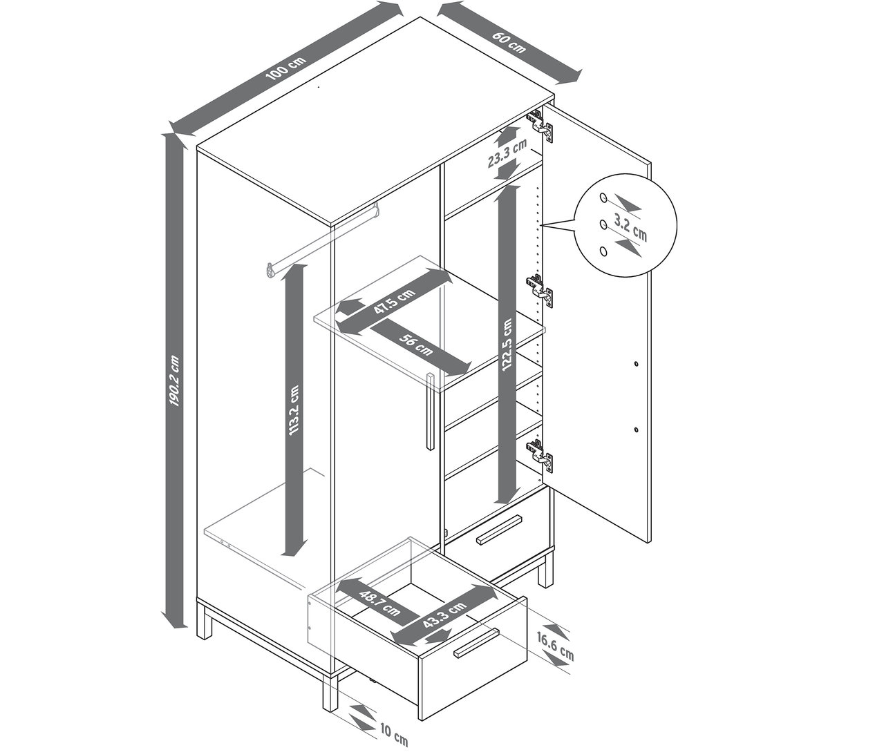 A »Eklund« ruhásszekrény ábrája fiókokkal, méretekkel jelölve.