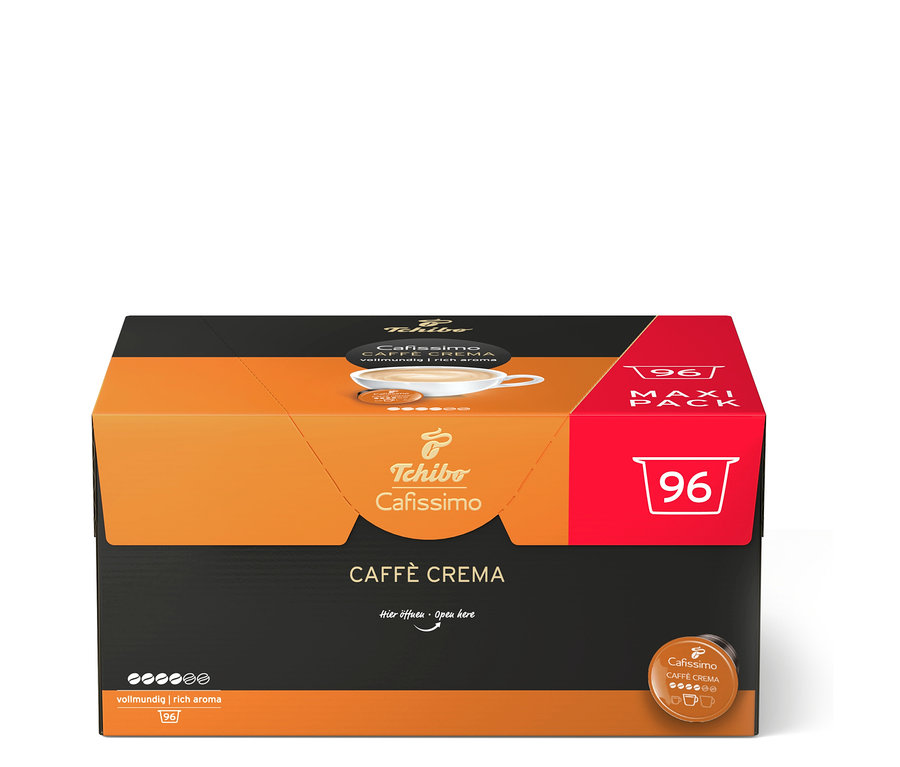 Narancssárga-fekete doboz 96 darab Tchibo Cafissimo Caffè Crema kávékapszulával.