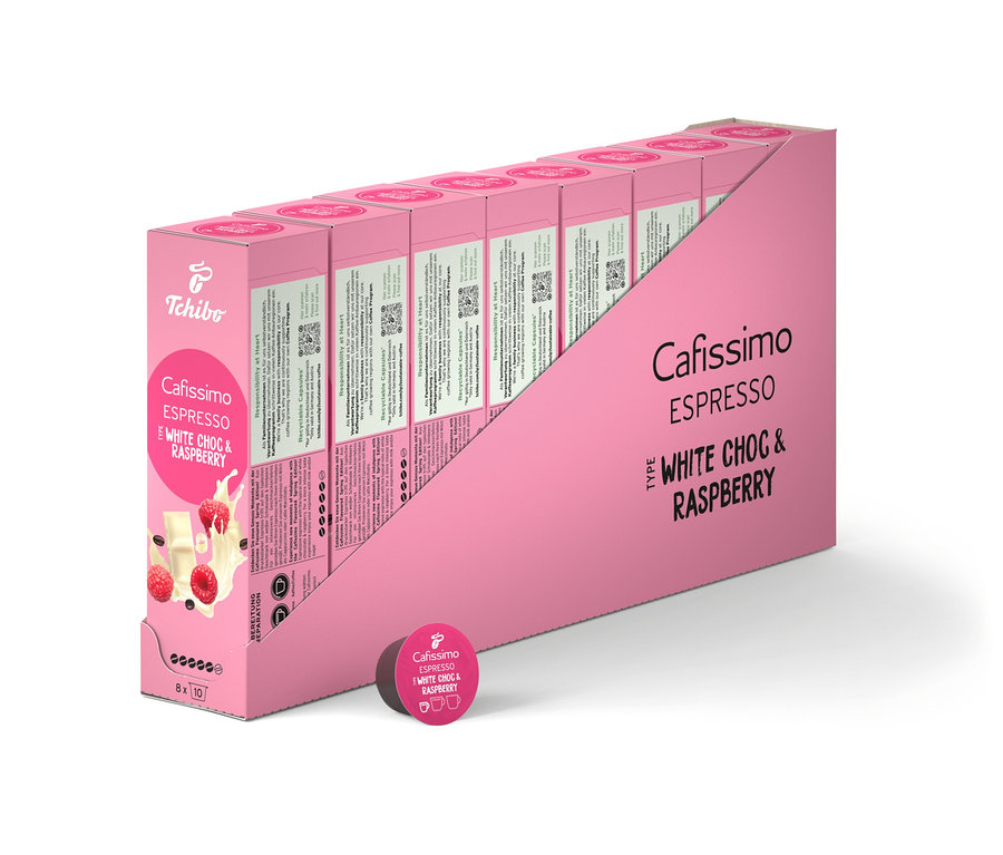 Egy csomag Cafissimo Flavoured Espresso - White Choc & Raspberry - 80 kávékapszula.