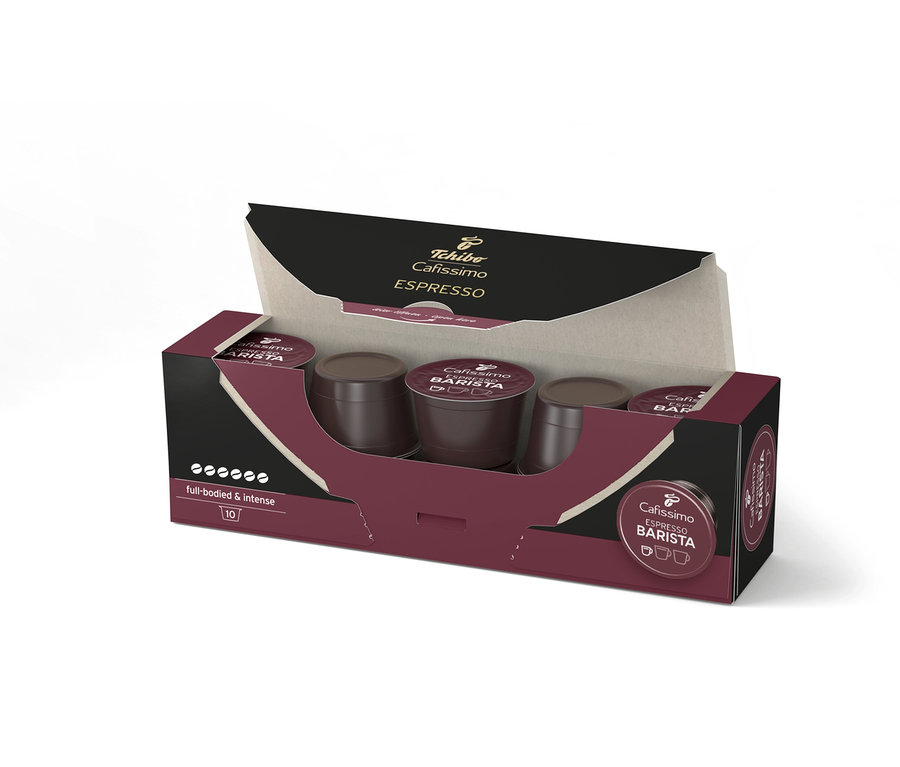 Nyitott csomagolás 10 darab Cafissimo Barista Edition Espresso kávékapszulával.
