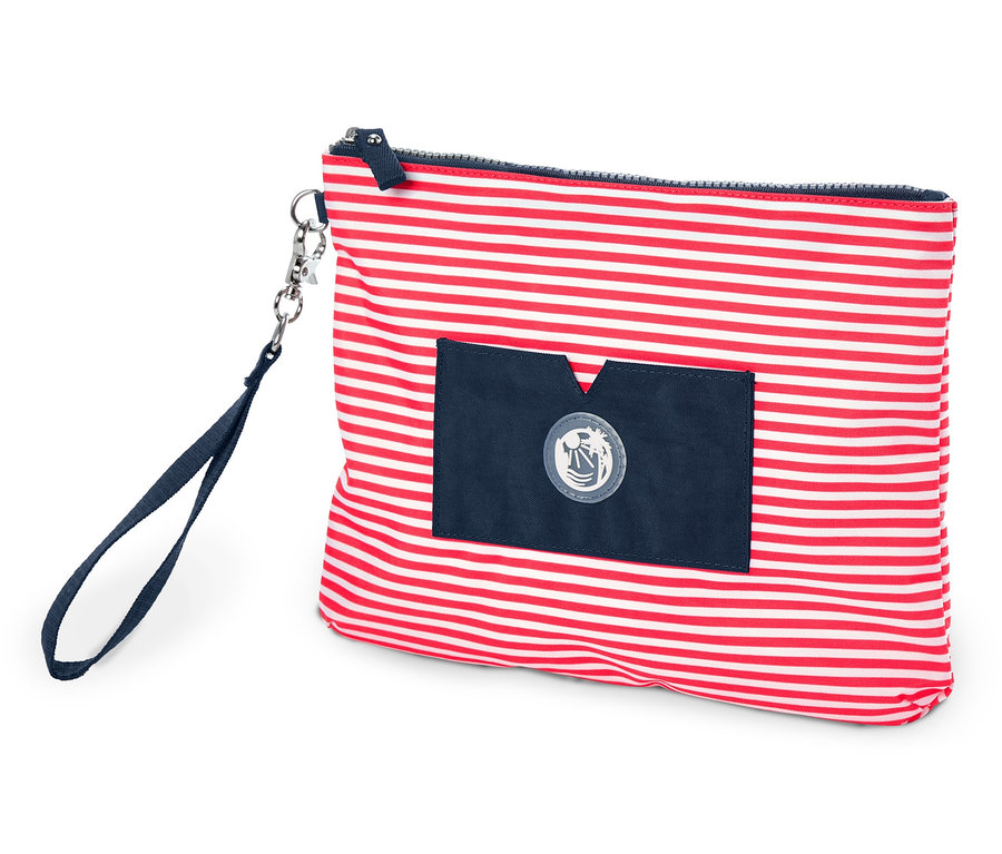 Csíkos táska sötétkék folttal.