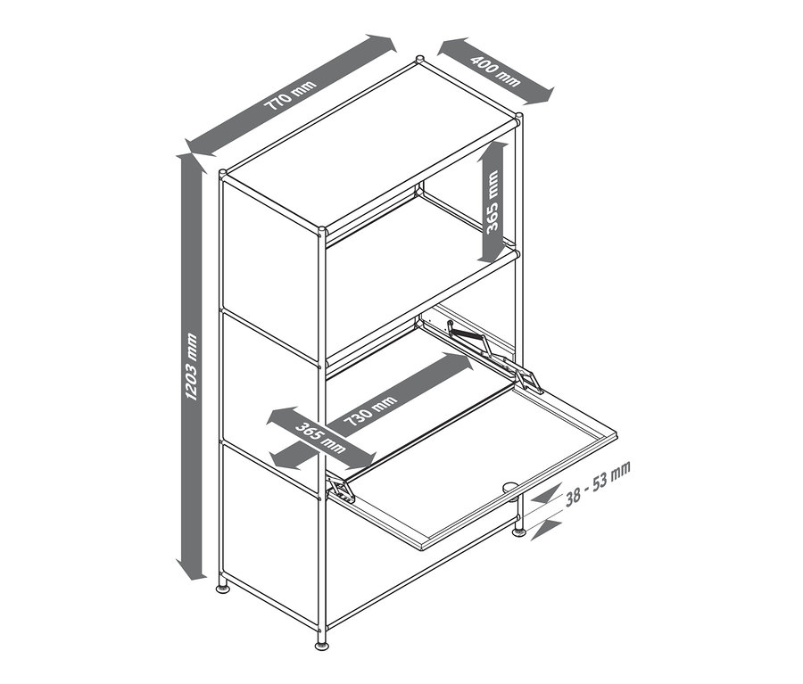 Egy fémpolc rajza 2 áthelyezhető, lenyíló ajtóval és méretekkel.