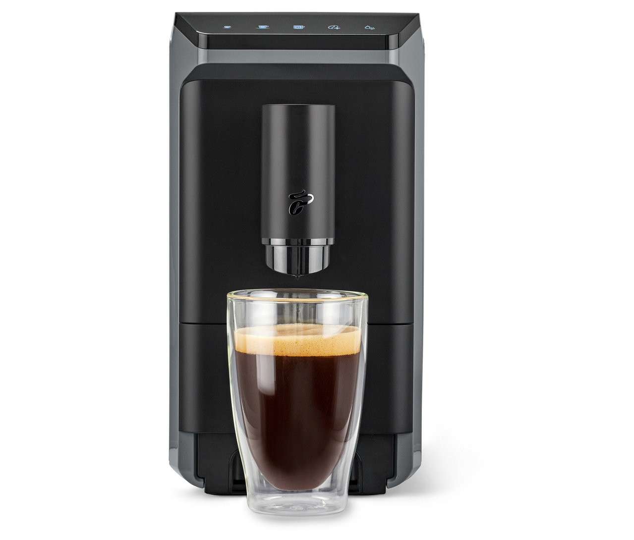 Egy fekete »Esperto mini« kávéfőző egy csésze kávéval.