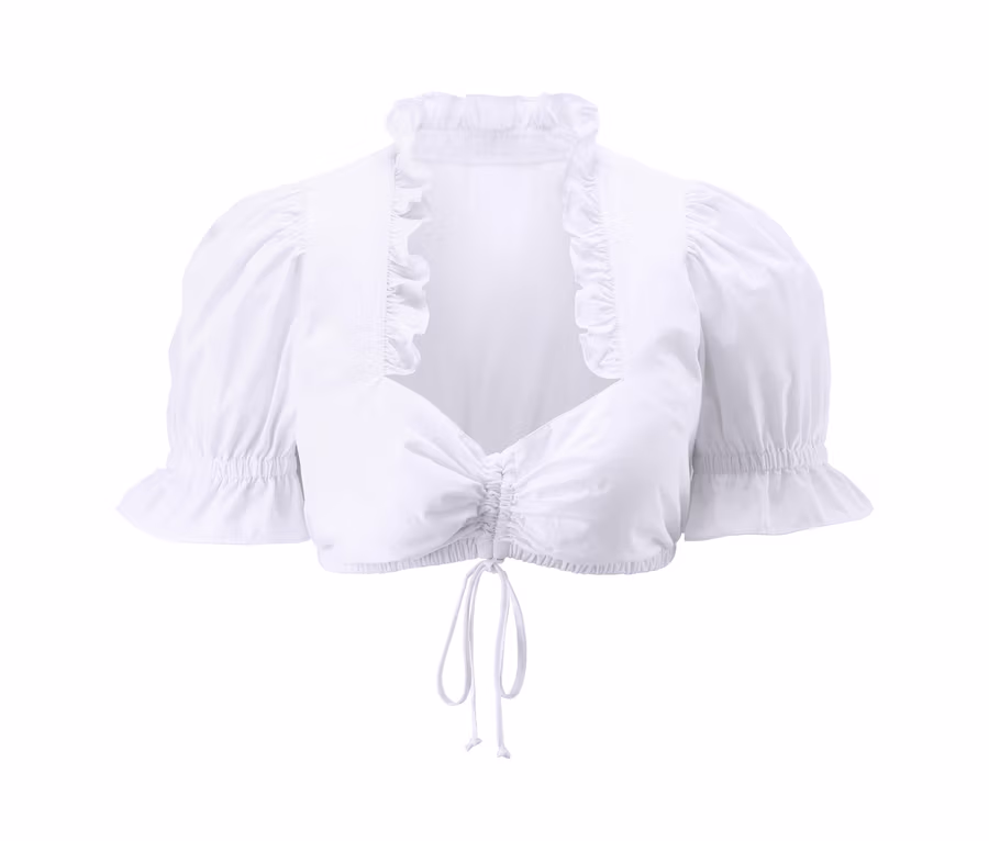 Fehér Dirndl blúz rövid, puffos ujjakkal és fodrokkal a nyakán.