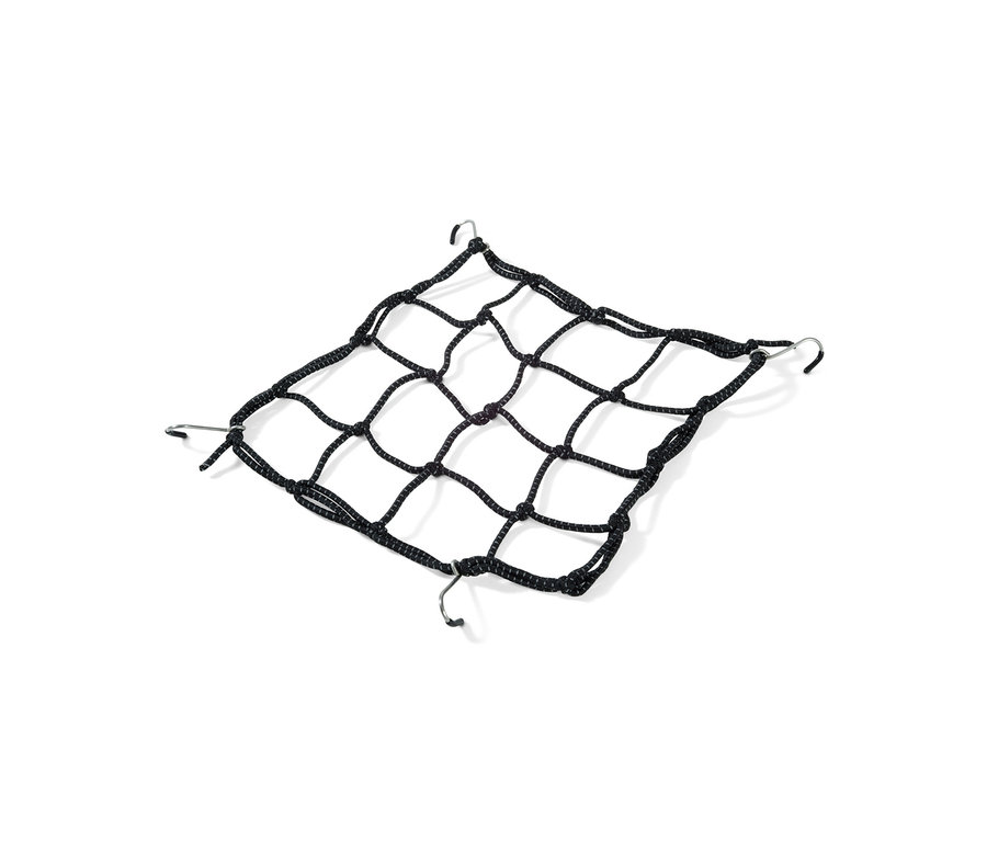 Fekete kerékpáros csomagrögzítő háló horgokkal a sarkokban.