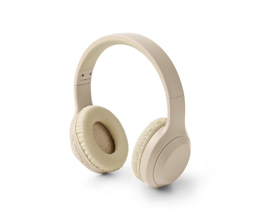Bézs Bluetooth fejhallgató fehér háttéren.