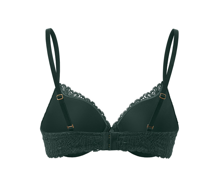 Egy sötétzöld, csipkés női kosaras melltartó hátsó részletének fényképe.