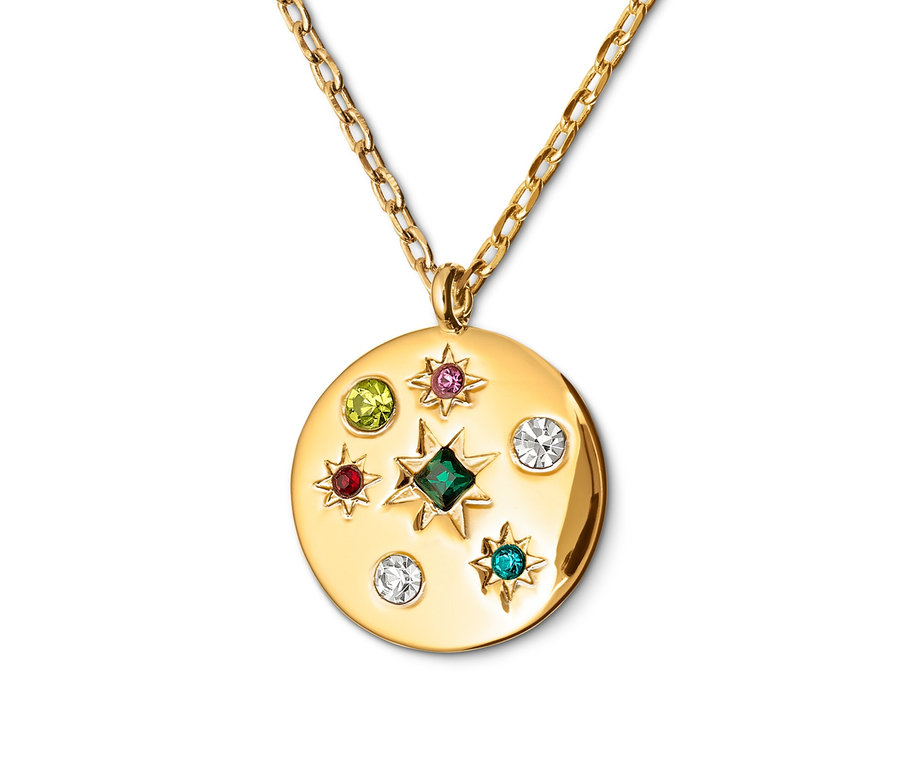 Arany színű női nyaklánc, üvegköves medállal.