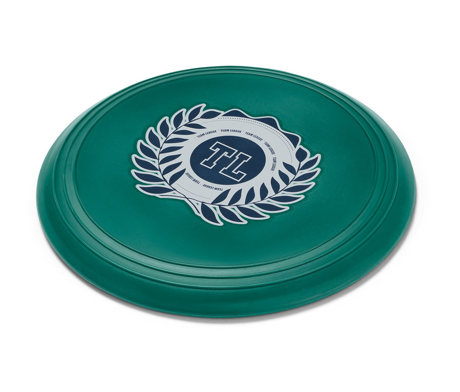 Zöld puha frizbi logóval, fehér háttérrel.
