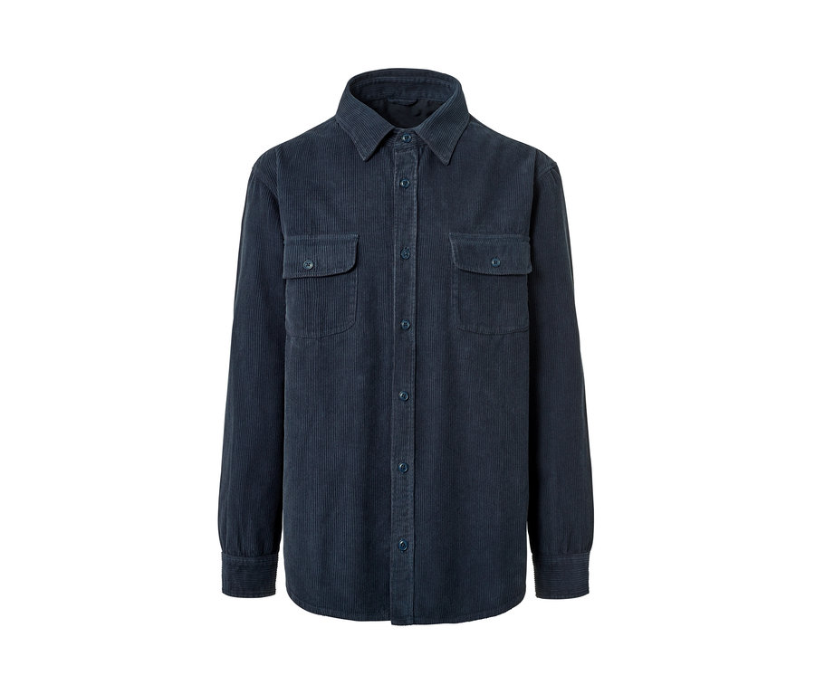 Sötétkék, hosszú ujjú, gombos, két mellzsebbel ellátott férfi kordbársony ingkabát.