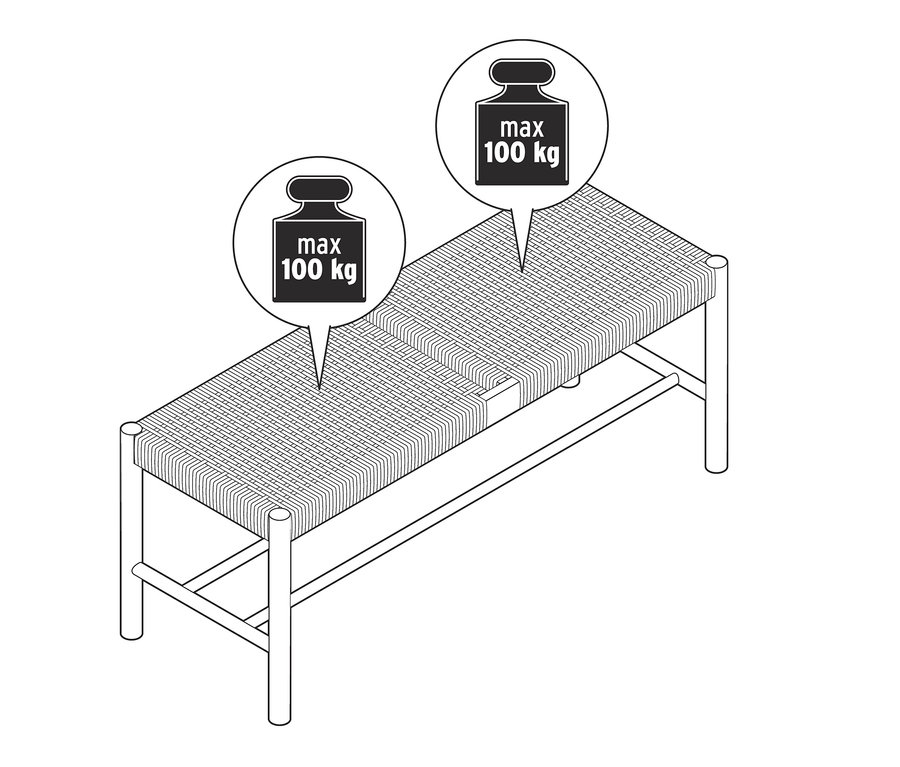 Egy fonott pad illusztrációja, maximum 100 kg terhelhetőséggel.