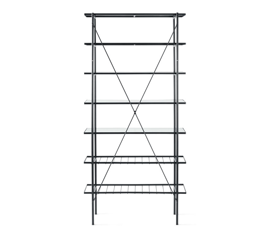 Fekete fém álló polc hét polccal.