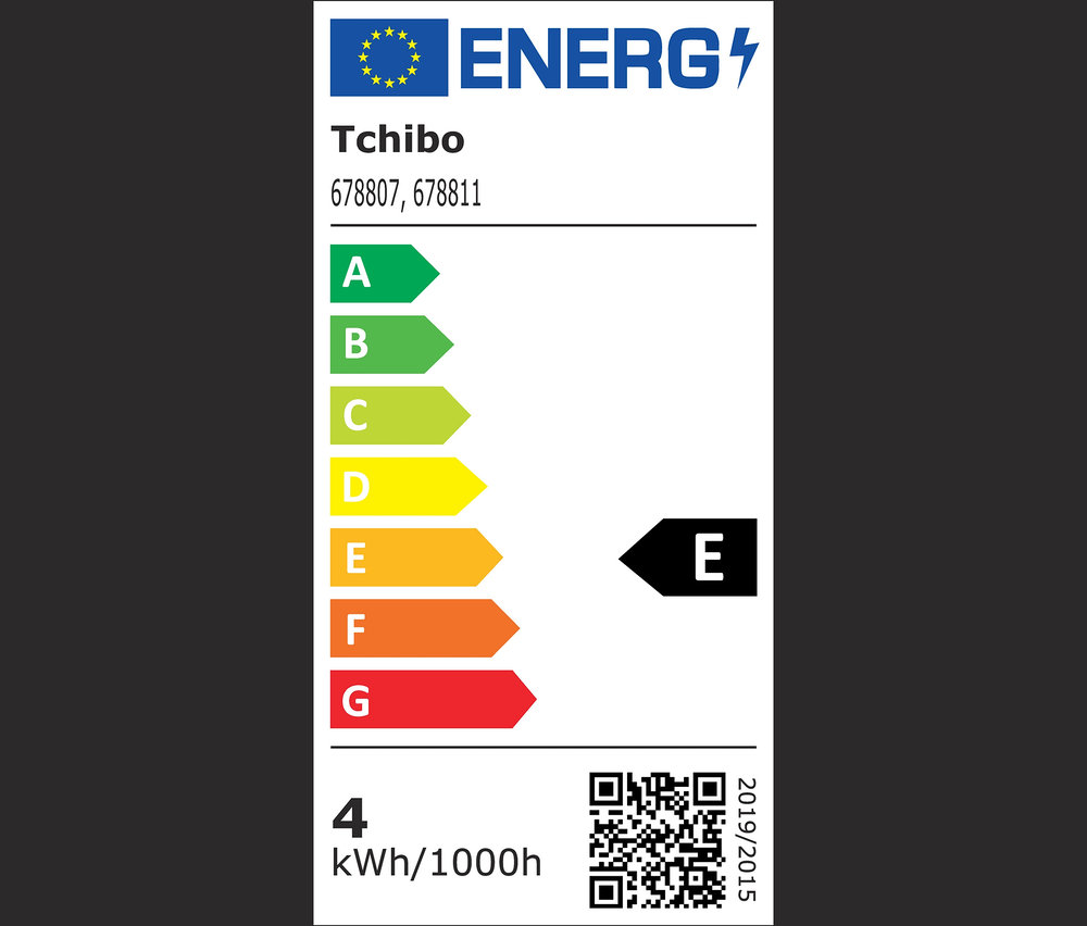Tchibo energiacímke A-tól G-ig terjedő osztályokkal, a termék az E osztályba tartozik.