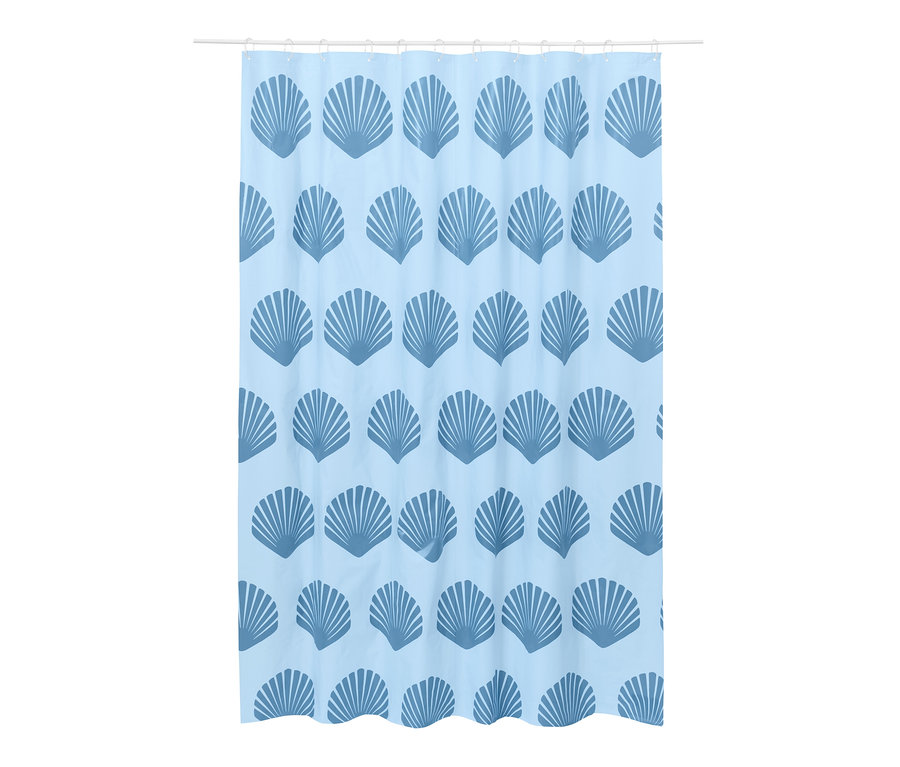 Kék színű, kagylómintás zuhanyfüggöny.