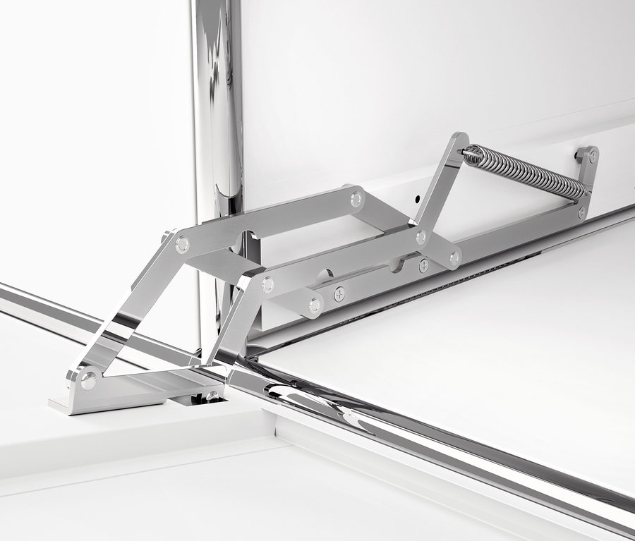 Kivágás egy fehér CN3 fém szekrényről, lenyíló ajtókkal és fém mechanizmussal.