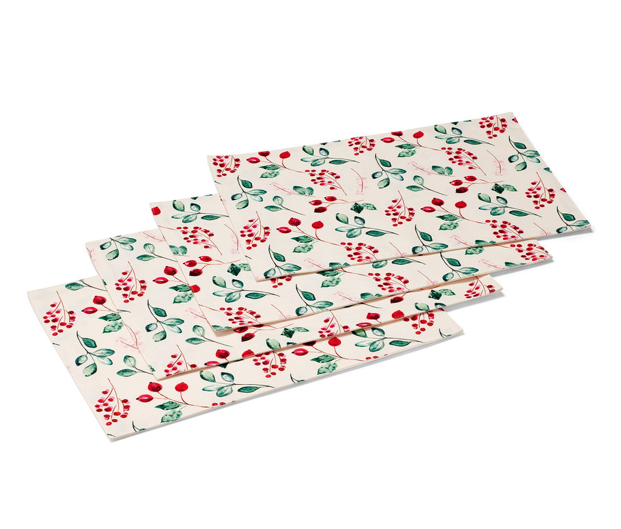 Négy kétoldalas tányéralátét piros bogyós és zöld leveles mintával.