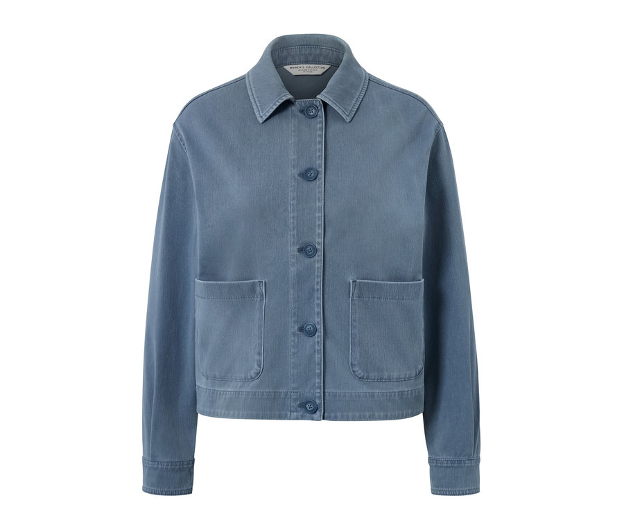 Kék farmer hatású jersey dzseki gombokkal és zsebekkel.