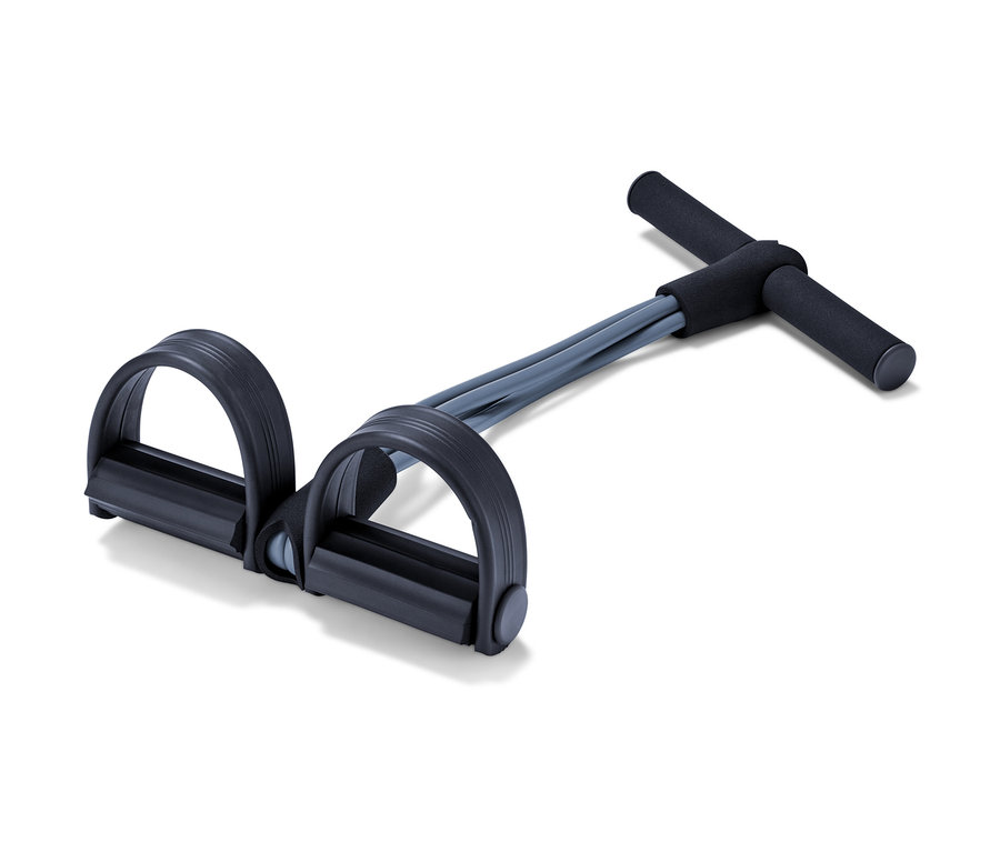 Fekete-szürke has- és hátizomtréner fogantyúval és két lábfej-hurokkal.