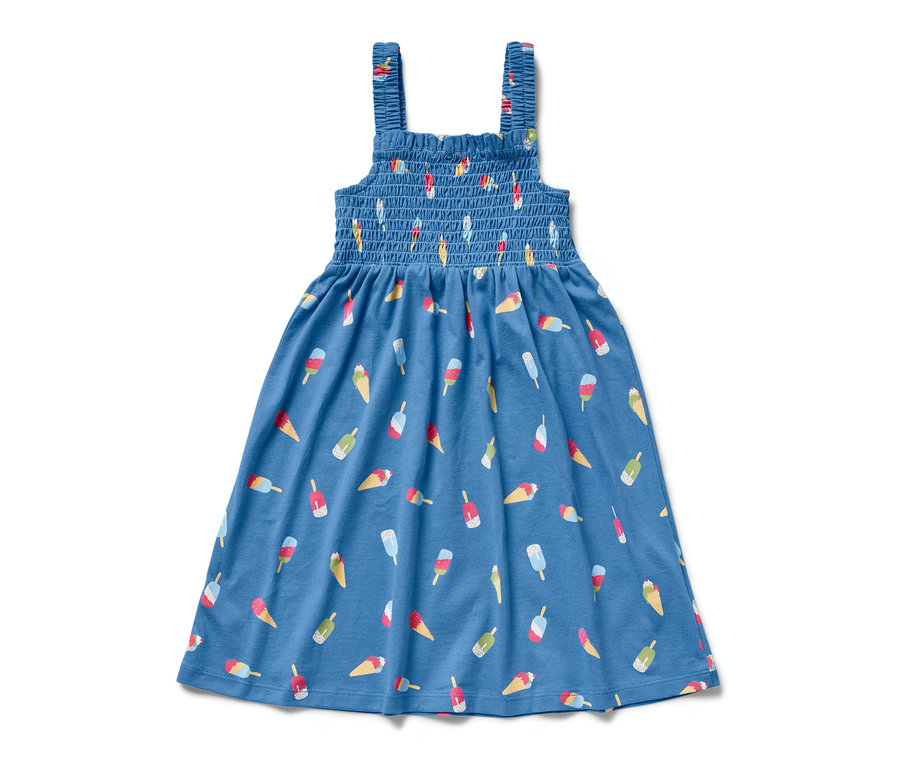 Kék, pántos ruha fagyi mintával.