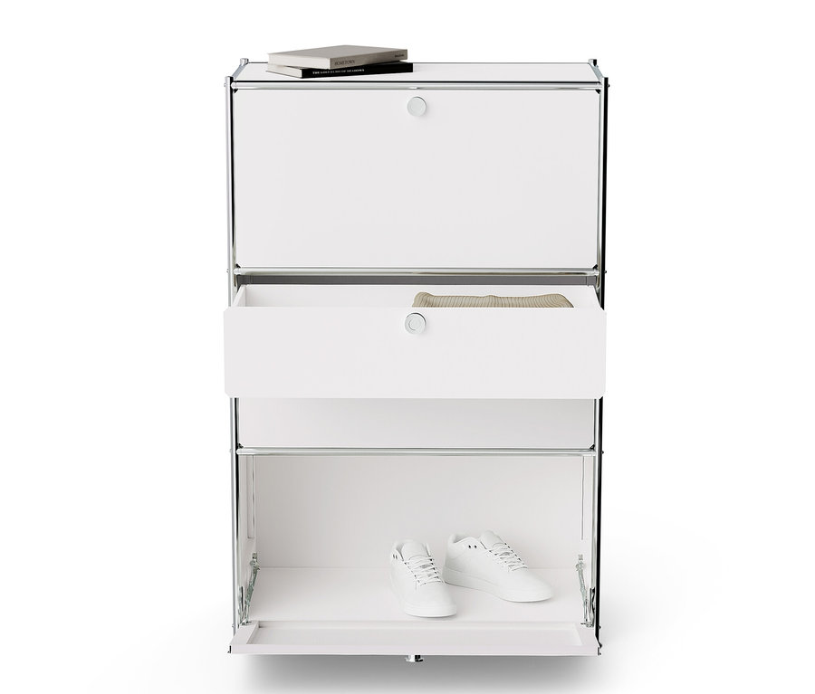 Fehér »CN3« fém komód 2 lenyíló ajtóval, 2 fiókkal, könyvvel a tetején és cipőkkel alul.