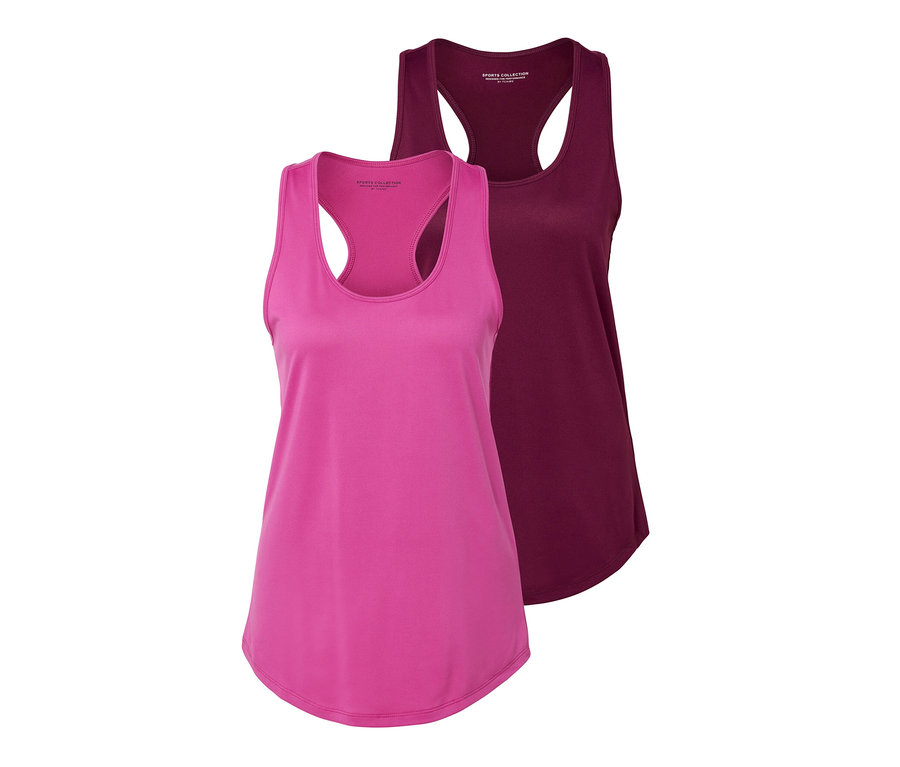 Két női sporttop, egy pink és egy padlizsán színű.