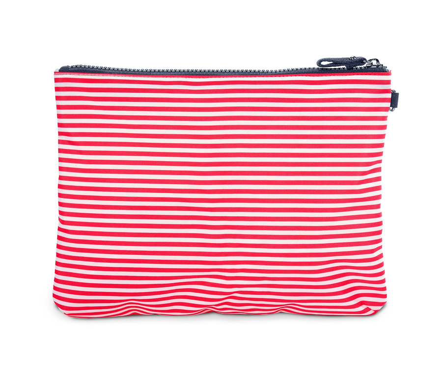 Piros-fehér csíkos táska cipzárral.