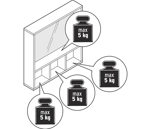 Egy tükör illusztrációja polcokkal, maximum 5 kg-os teherbírással.