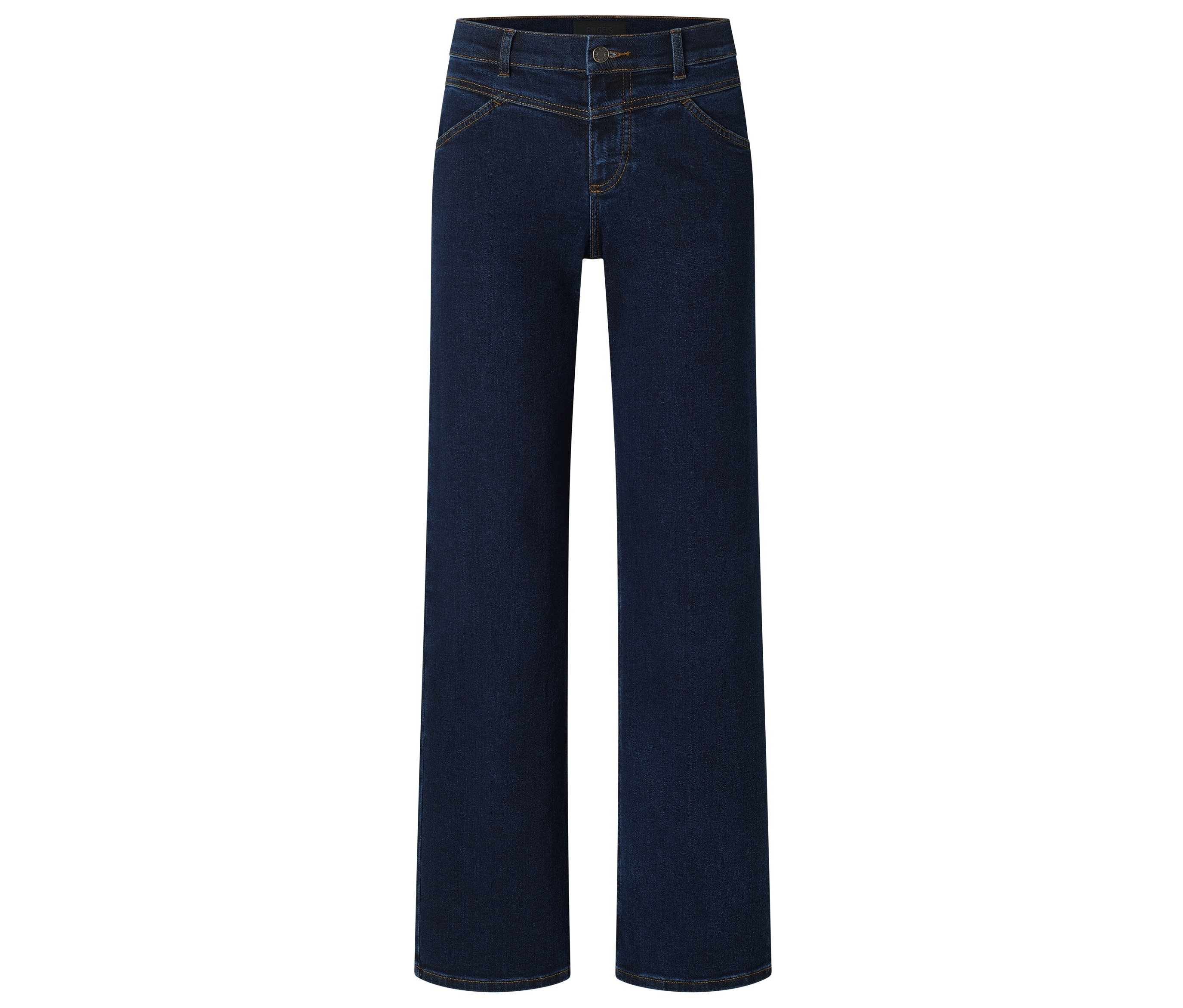 Sötétkék, széles szárú farmer gombos zárással.