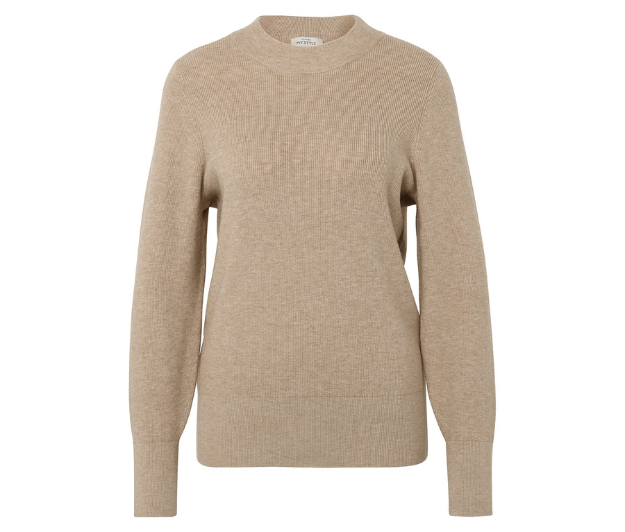 Bézs színű, hosszú ujjú, kerek nyakú pulóver.