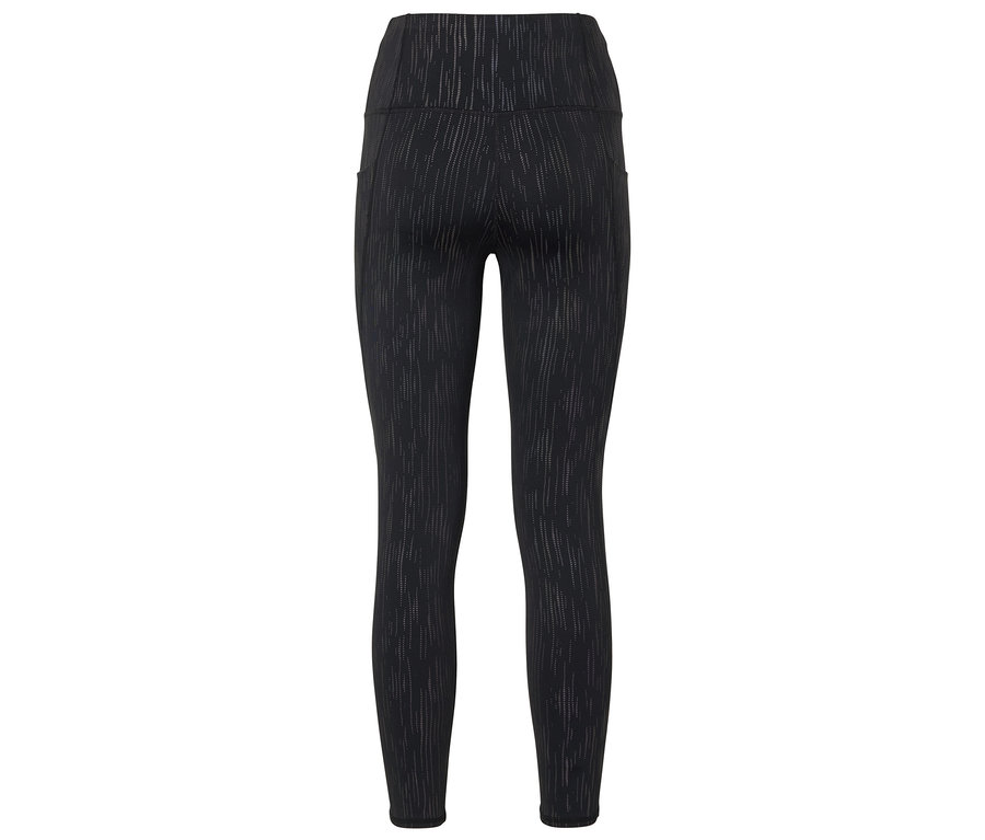 Magas derekú, finom mintázatú fekete leggings.