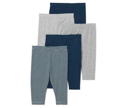 Öt gyermek leggings sötétkék, szürke és csíkos színekben.